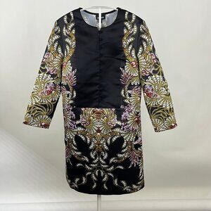 Just Cavalli Black Dress Satin 3/4 Sleeve Baroque Gold Sequin Print Swirl